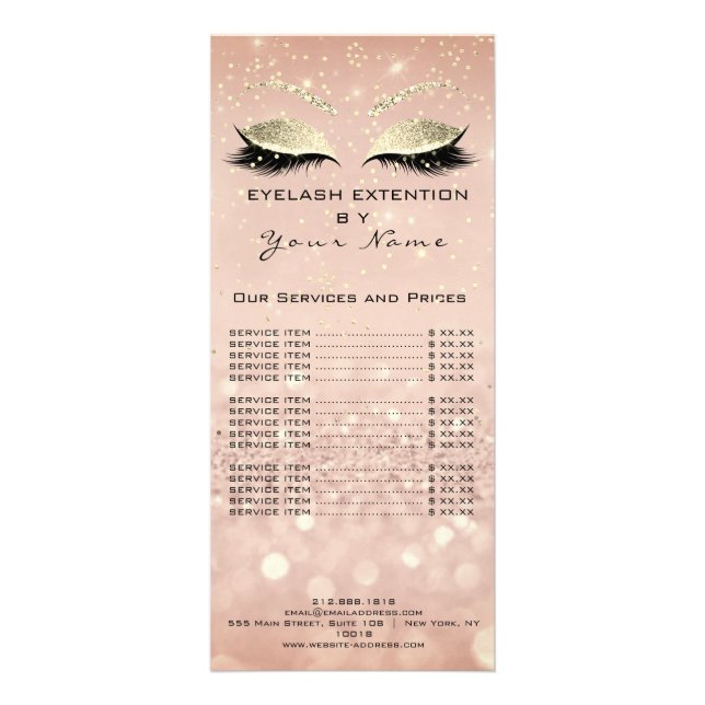 Price List Lashes Extension Makeup Pink Gold Rack Card (Front)