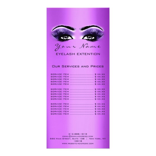 Price List Lashes Extension Makeup  Purple Violet Rack Card (Back)