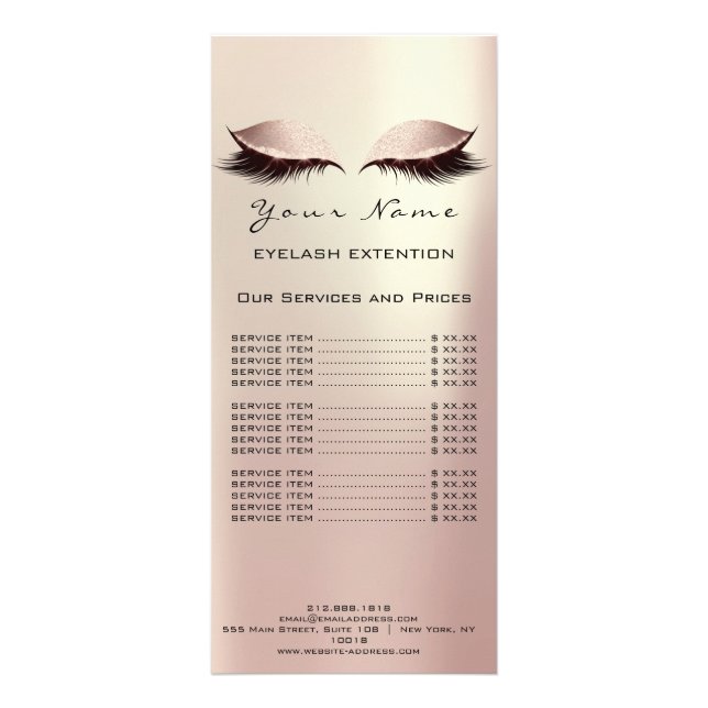 Price List Lashes Extension Makeup Rose Gold Blush Rack Card (Back)