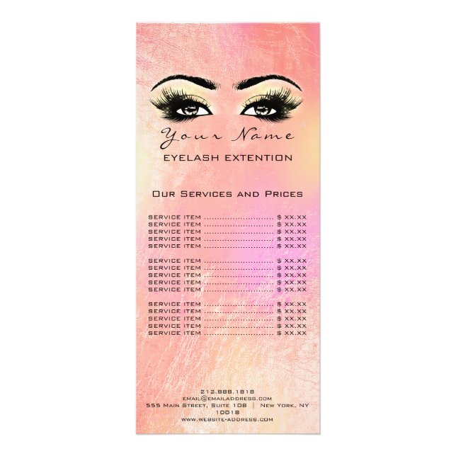 Price List Lashes Extension Makeup Rose Gold Peach Rack Card (Back)