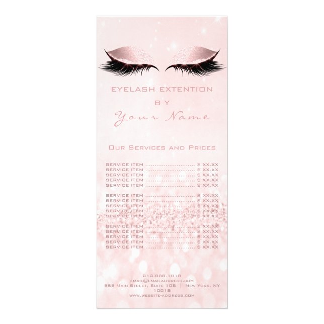 Price List Lashes Extension Pastel Girly Pink Eyes Rack Card (Back)