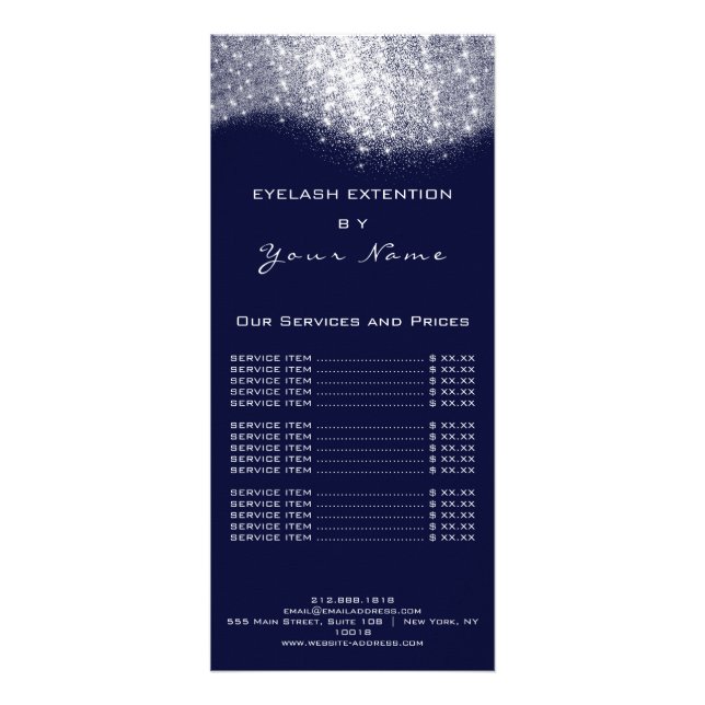 Price List Lashes Makeup Hairdresser Silver Blue Rack Card (Back)