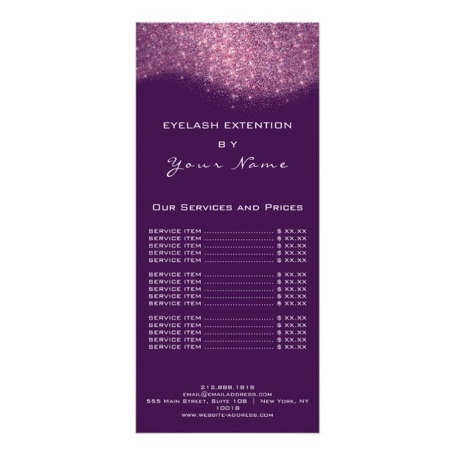 Price List Lashes Makeup Hairdresser Violet Pink Rack Card (Back)