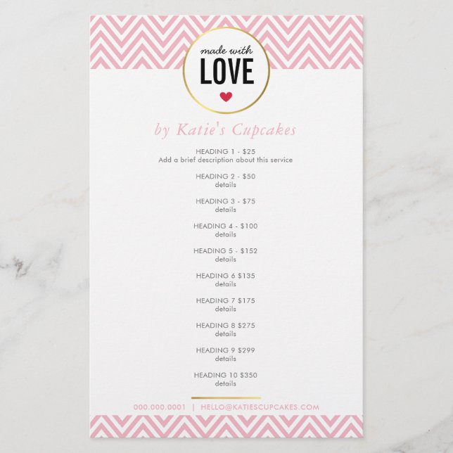 PRICE LIST made with love modern pink chevron Flyer (Front)