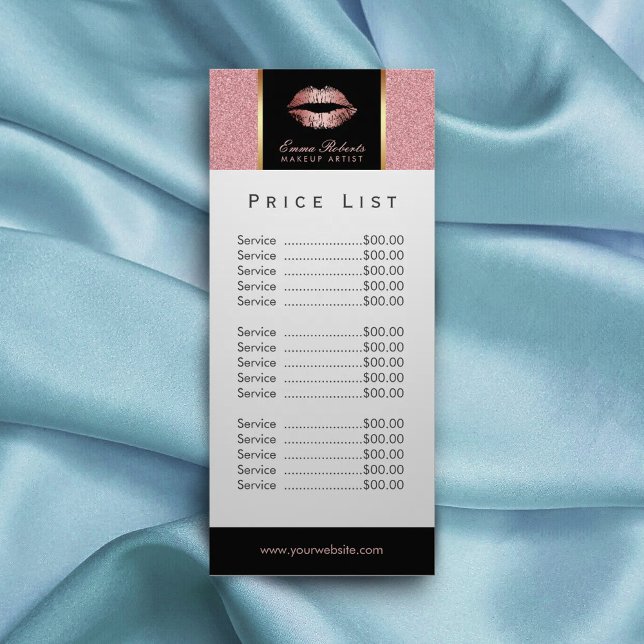 Price List | Makeup Artist Rose Gold Glitter Lips Rack Card (Creator Uploaded)
