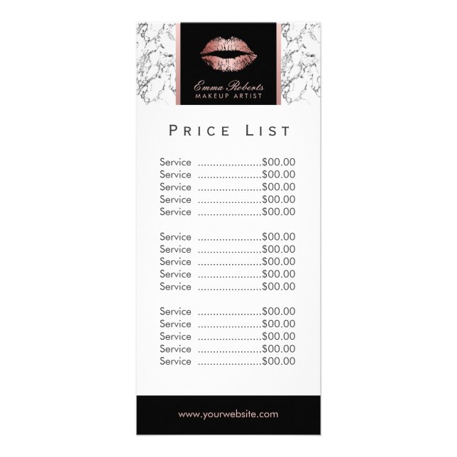 Price List | Makeup Artist Rose Gold Lips Marble Rack Card (Front)