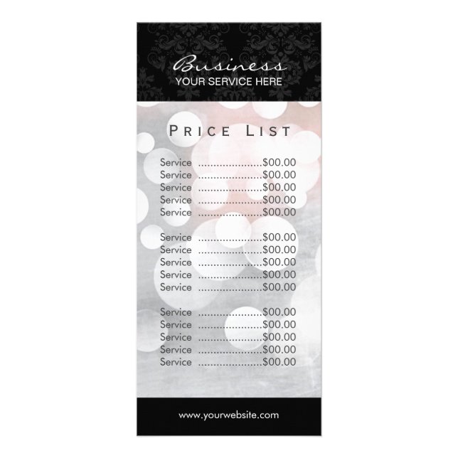 Price List | Modern Silver & Damask Beauty Salon Rack Card (Front)