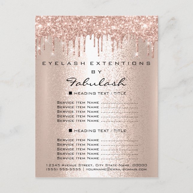 Price List Rose Gold Drips Eyelashes Makeup Hair Postcard (Front)