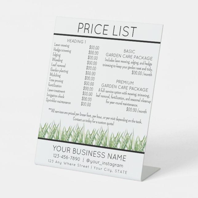 Price list service garden & lawn care pedestal sign (Front)