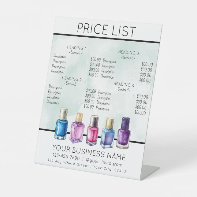 Price list service menu Nail salon nailpolish Pedestal Sign (Front)