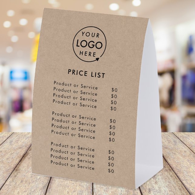 Price List Table Tent | 4x6 Tabletop Rustic Sign (Price signage for stores, salons, cafes, trade stalls, pop up shops, reception desks & more!)