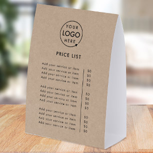 Price List Table Tent   Rustic Kraft Paper Sign