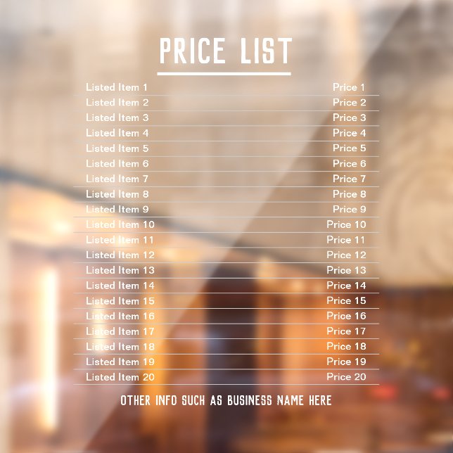 Price List. Up to 20 items & Prices on a Window Cling (Sheet 2)
