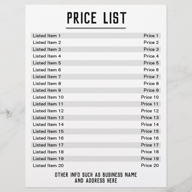 Price List. Up to 20 items & Prices. Single-Sided  Flyer (Front)