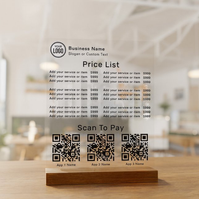 Price List With Business Logo QR Code Scan To Pay Acrylic Sign (Creator Uploaded)