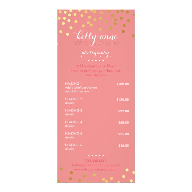 PRICE SERVICES LIST gold confetti pattern coral Rack Card (Front)