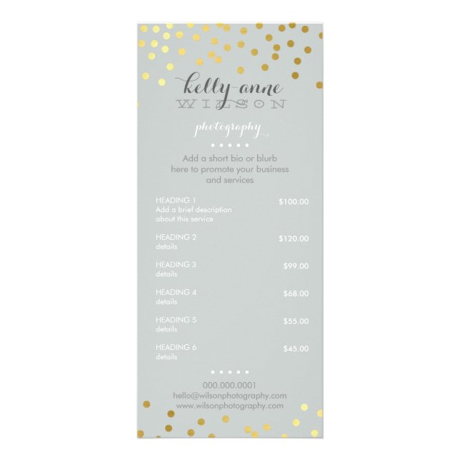 PRICE SERVICES LIST gold confetti pattern grey Rack Card (Front)
