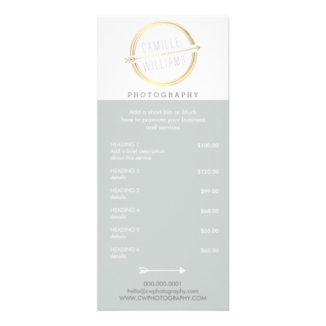 PRICE SERVICES modern arrow logo rustic gold grey Rack Card (Front)