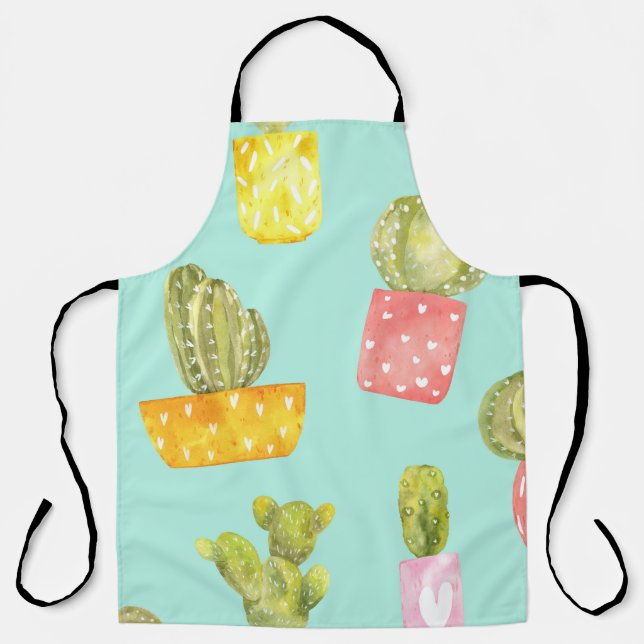 Prickly cacti in pots, watercolor pattern. apron (Front)