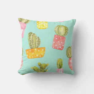 Prickly cacti in pots, watercolor pattern. cushion