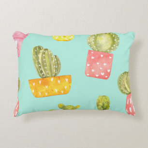 Prickly cacti in pots, watercolor pattern. decorative cushion