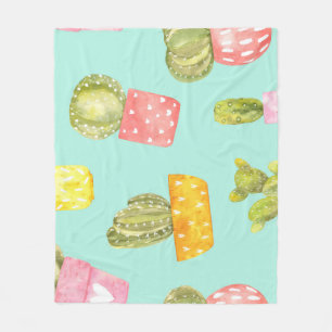 Prickly cacti in pots, watercolor pattern. fleece blanket