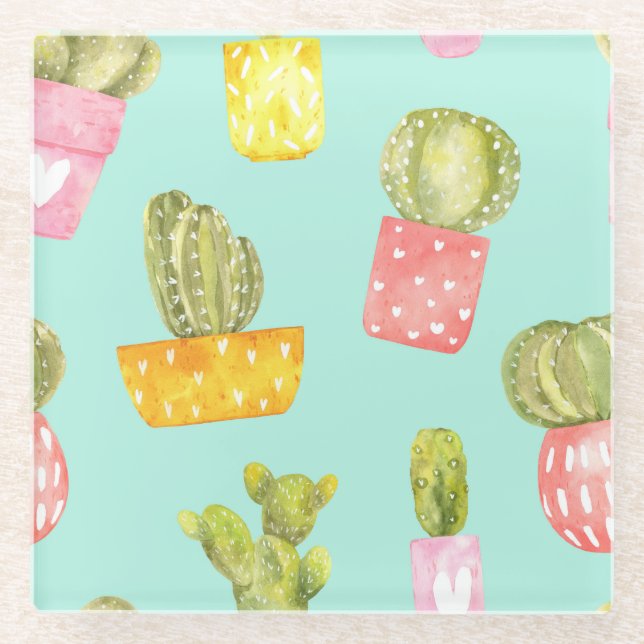 Prickly cacti in pots, watercolor pattern. glass coaster (Front)