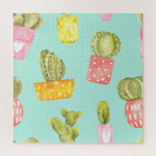 Prickly cacti in pots, watercolor pattern. jigsaw puzzle