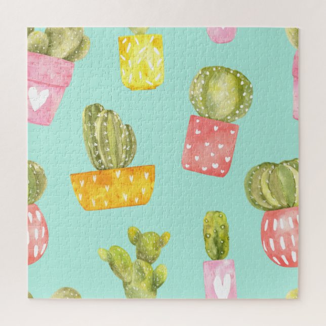 Prickly cacti in pots, watercolor pattern. jigsaw puzzle (Vertical)