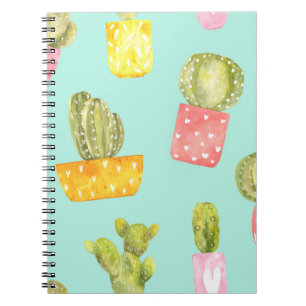 Prickly cacti in pots, watercolor pattern. notebook