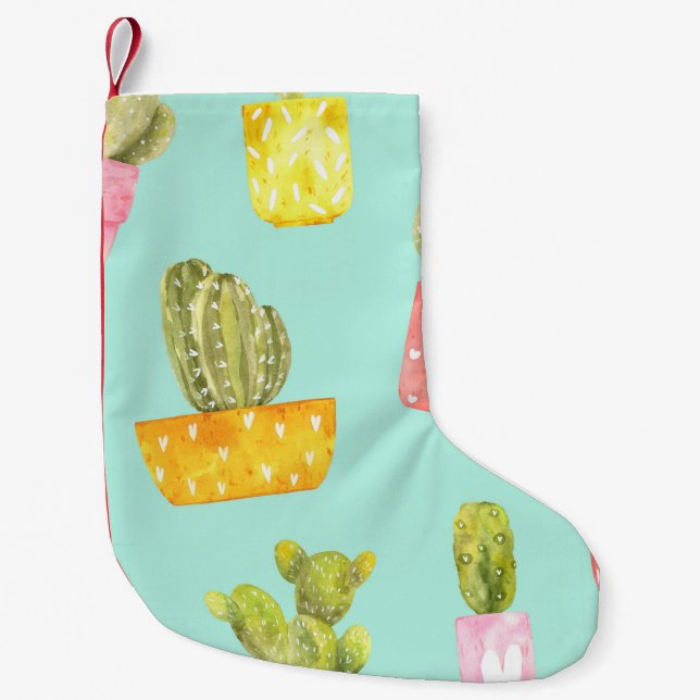 Prickly cacti in pots, watercolor pattern. small christmas stocking (Front)