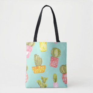 Prickly cacti in pots, watercolor pattern. tote bag