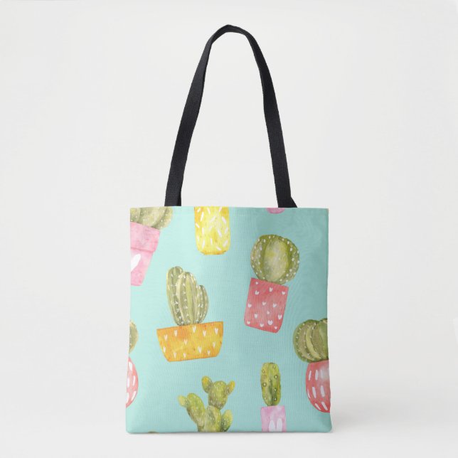 Prickly cacti in pots, watercolor pattern. tote bag (Front)