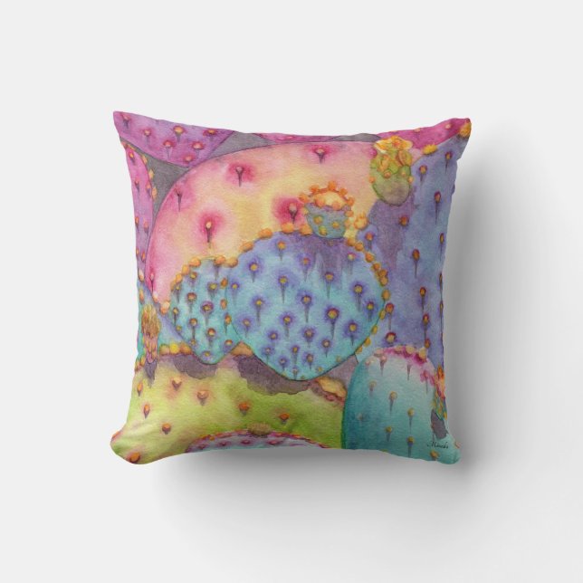 Prickly Pear Cactus Colourful Throw Pillow Pastels (Front)