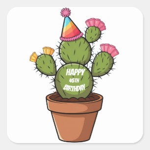 prickly pear cactus in clay pot & birthday hat square sticker