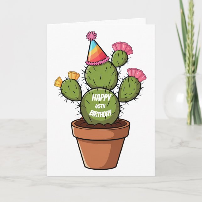 prickly pear cactus in pot wearing birthday hat card (Front)