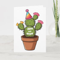 prickly pear cactus in pot wearing birthday hat