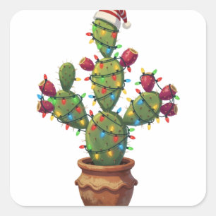 Prickly Pear Cactus with Bright Colourful Christma Square Sticker