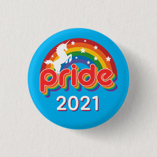 Pride 2021 LGTBQ+ with Retro Rainbow and Unicorn 3 Cm Round Badge
