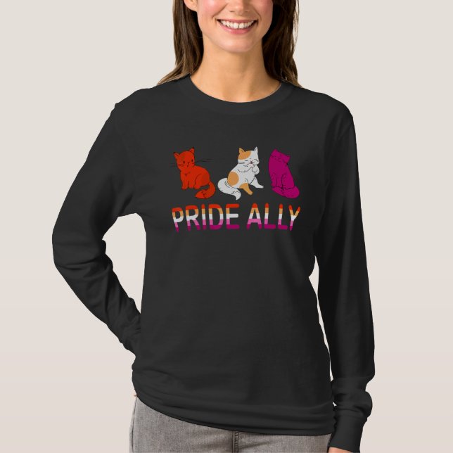 Pride Ally Cute Three Lesbian Flag Cat Pride Lgbt T-Shirt (Front)