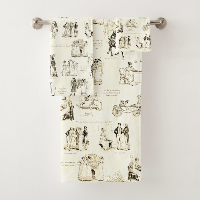 Pride and Prejudice Beige Sepia Toile Quotes Bath Towel Set (Insitu)