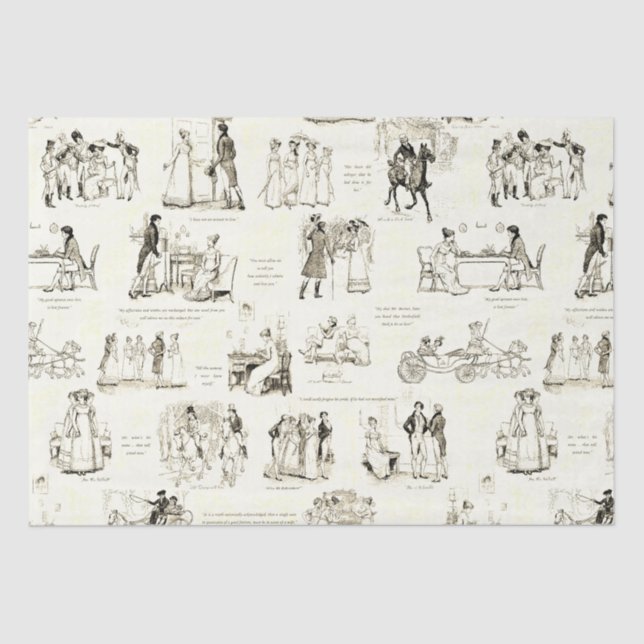 Pride and Prejudice Beige Sepia Toile Quotes Tissue Paper (Front)