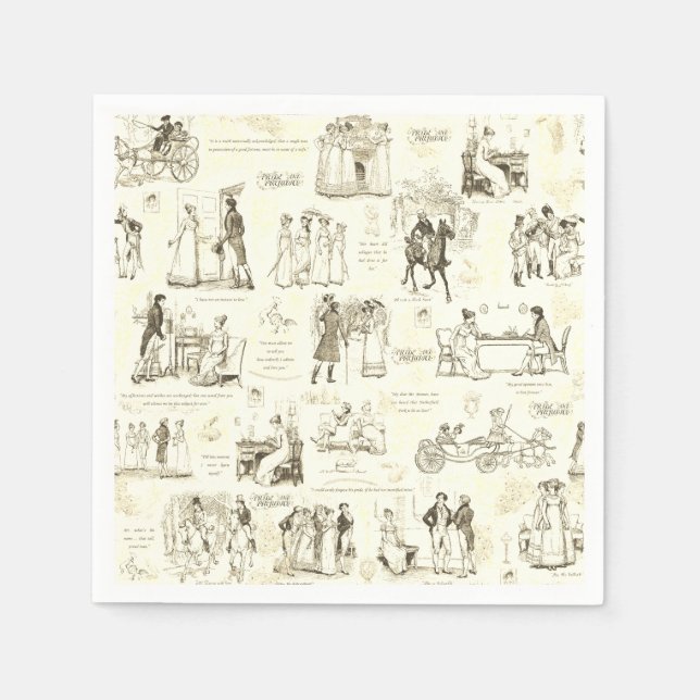 Pride and Prejudice Beige Toile Quote Illustration Napkin (Front)