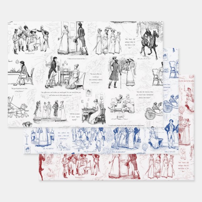 Pride and Prejudice Black Red Blue Toile Quotes Wrapping Paper Sheet (Set)