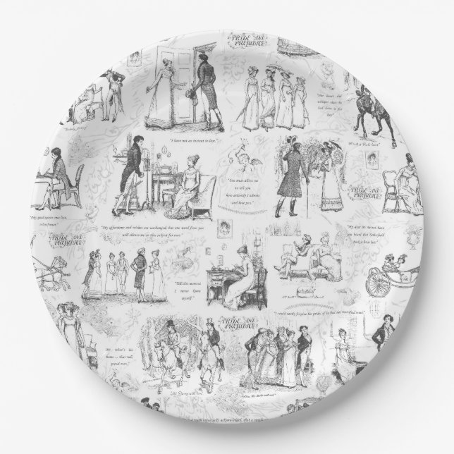 Pride and Prejudice Black Toile Quote Illustration Paper Plate (Front)