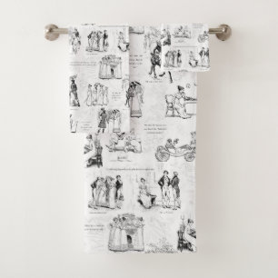 Pride and Prejudice Black White Toile Quotes Bath Towel Set