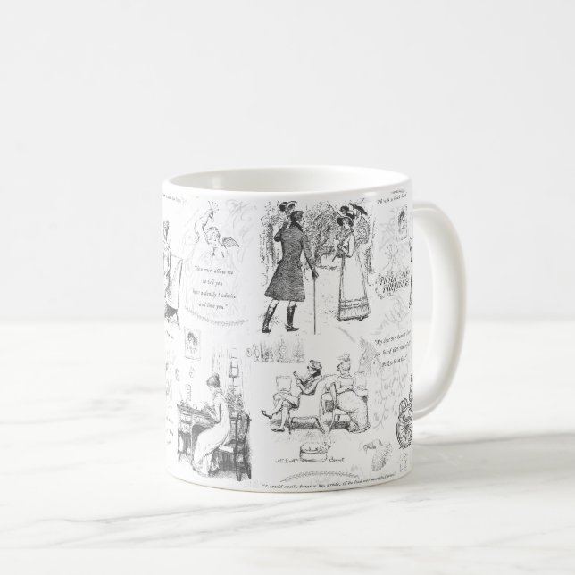 Pride and Prejudice Black White Toile Quotes Coffee Mug (Front Right)