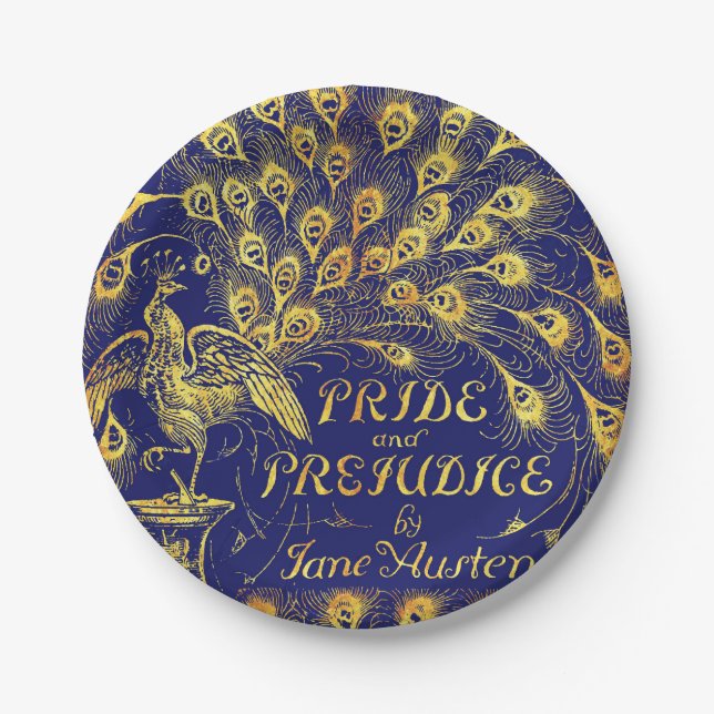 Pride and Prejudice Blue Gold Peacock Book Cover Paper Plate (Front)