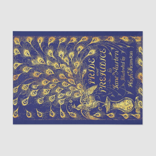 Pride and Prejudice Blue Gold Peacock Book Cover Tissue Paper (Front)