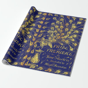 Pride and Prejudice Blue Gold Peacock Book Cover Wrapping Paper